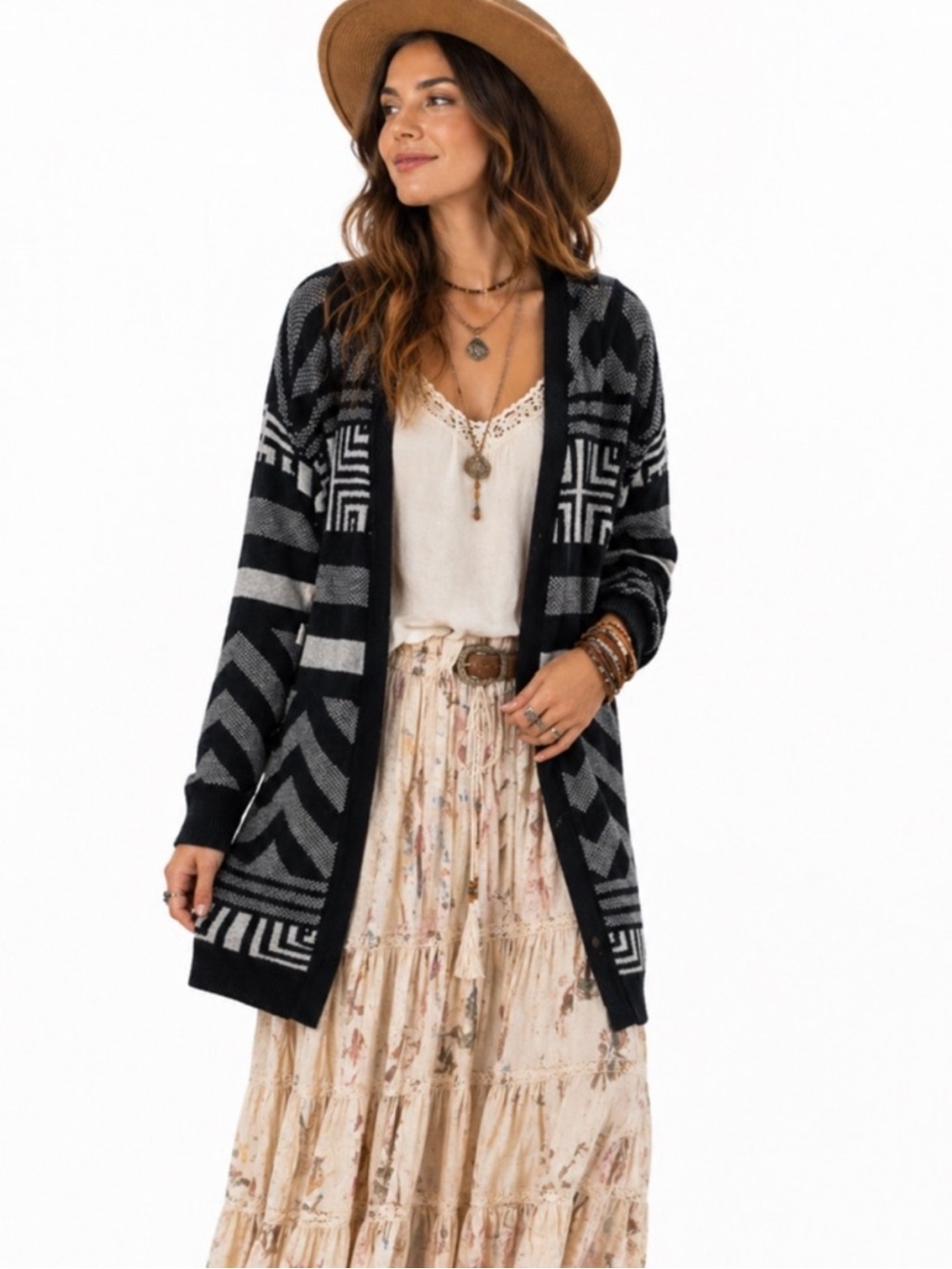 The Limited Geometric Open Front Cardigan Black Gray Boho Sweater Size Medium
